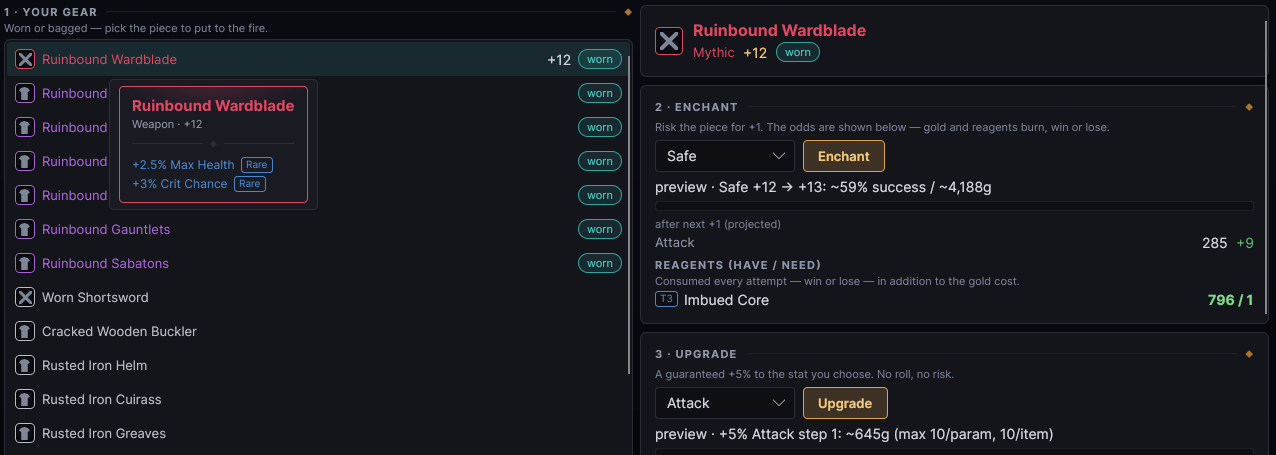 The Forge screen: a gear list on the left with a hovered tooltip showing a Mythic weapon's rolled affixes, and on the right an Enchant panel in Safe mode previewing the next level with its success chance, gold cost and the reagents it consumes, above a separate guaranteed Upgrade section.